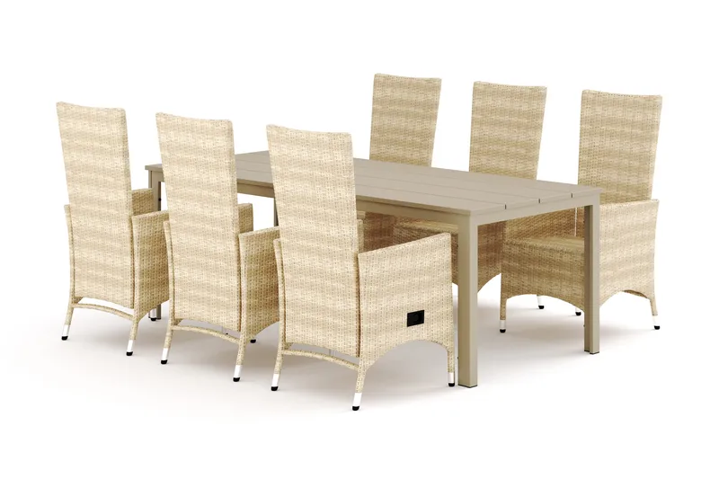 Tunis utendørs spisegruppe 205x90 cm med 6 Jenny spisestoler, Beige/Beige