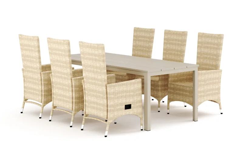 Tunis utendørs spisegruppe 205x90 cm med 6 Jenny spisestoler, Beige/Beige