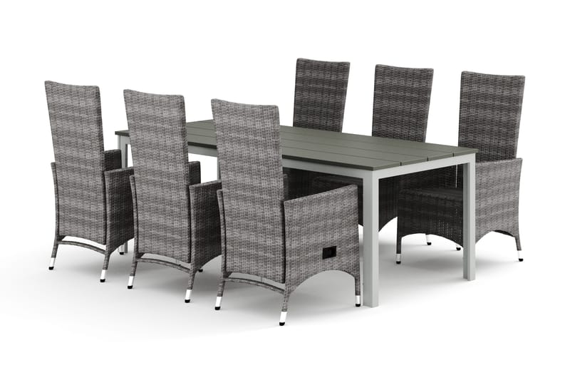 Tunis utendørs spisegruppe 205x90 cm med 6 Jenny spisestoler, Hvit/Grå