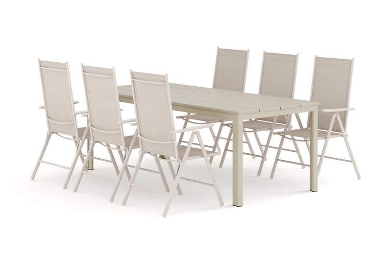 Tunis utendørs spisegruppe 205x90 cm med 6 Maggie regulerbare stoler, Beige/Beige