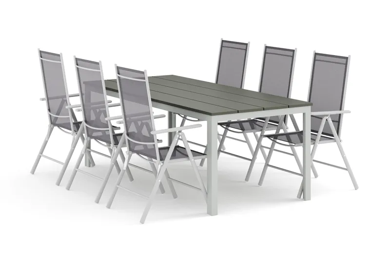 Tunis utendørs spisegruppe 205x90 cm med 6 Maggie regulerbare stoler, Hvit/Grå