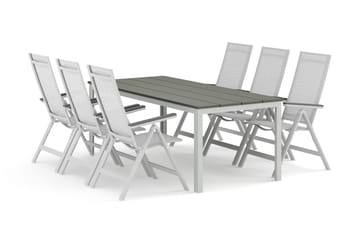 Tunis utendørs spisegruppe 205x90 cm med 6 Monaco Light regulerbare stoler - Hvit/Grå - Hagemøbler & utemiljø - Hagegruppe - Spisegrupper hage