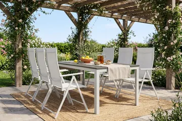 Tunis utendørs spisegruppe 205x90 cm med 6 regulerbare stoler - Hvit/Grå - Hagemøbler & utemiljø - Hagegruppe - Spisegrupper hage