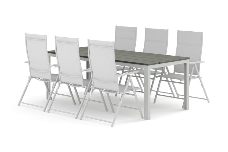 Tunis utendørs spisegruppe 205x90 cm med 6 regulerbare stoler, Hvit/Grå
