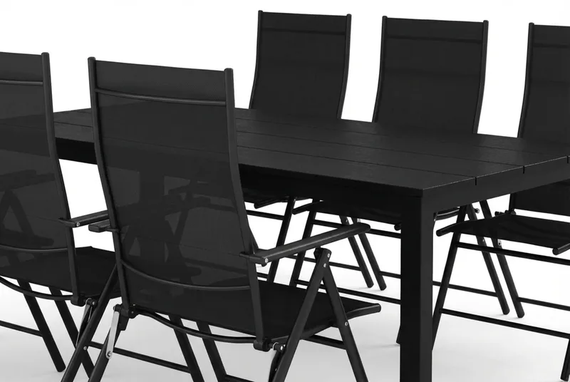 Tunis utendørs spisegruppe 205x90 cm med 6 regulerbare stoler - Svart/svart - Hagemøbler & utemiljø - Hagegruppe - Spisegrupper hage