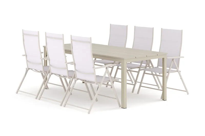 Tunis utendørs spisegruppe 205x90 cm med 6 Sanna regulerbare stoler, Beige/beige
