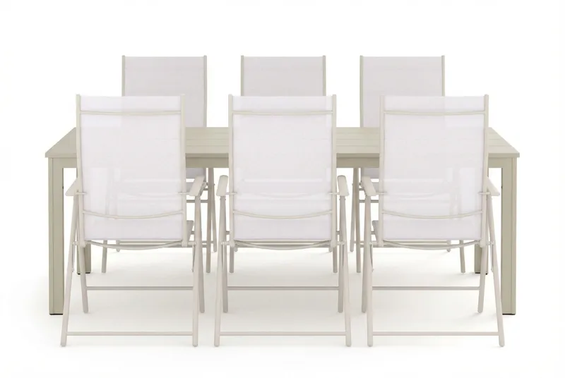 Tunis utendørs spisegruppe 205x90 cm med 6 Sanna regulerbare stoler - Beige/beige - Hagemøbler & utemiljø - Hagegruppe - Spisegrupper hage