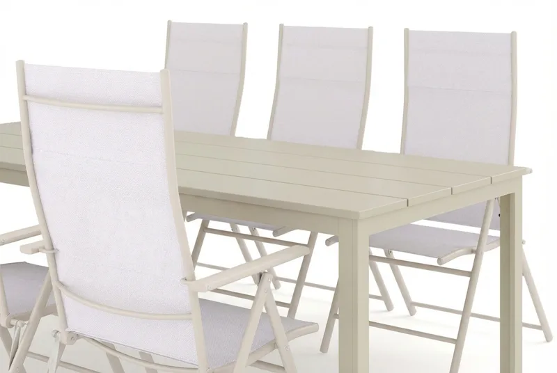 Tunis utendørs spisegruppe 205x90 cm med 6 Sanna regulerbare stoler - Beige/beige - Hagemøbler & utemiljø - Hagegruppe - Spisegrupper hage