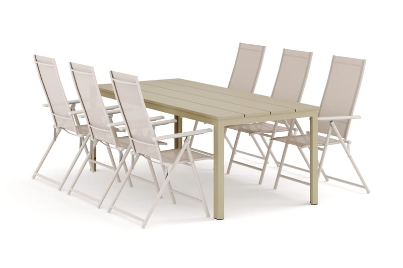 Tunis utendørs spisegruppe 205x90 cm med 6 Sanna regulerbare stoler, Beige/beige