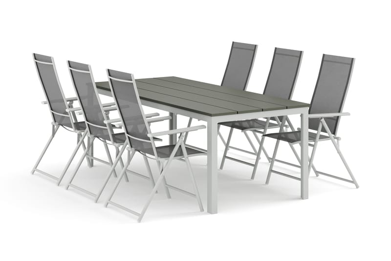 Tunis utendørs spisegruppe 205x90 cm med 6 Sanna posisjonsstoler, Hvit/Grå