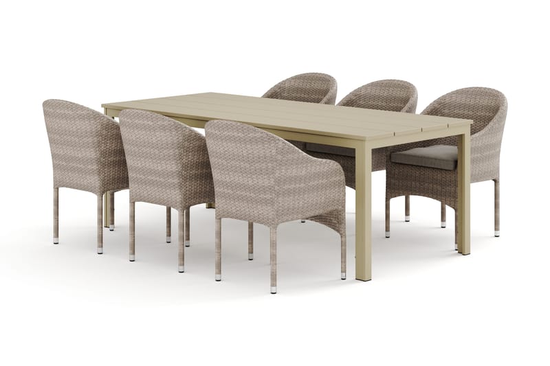 Tunis utendørs spisegruppe 205x90 cm med 6 Thor lenestoler, Beige/Beige