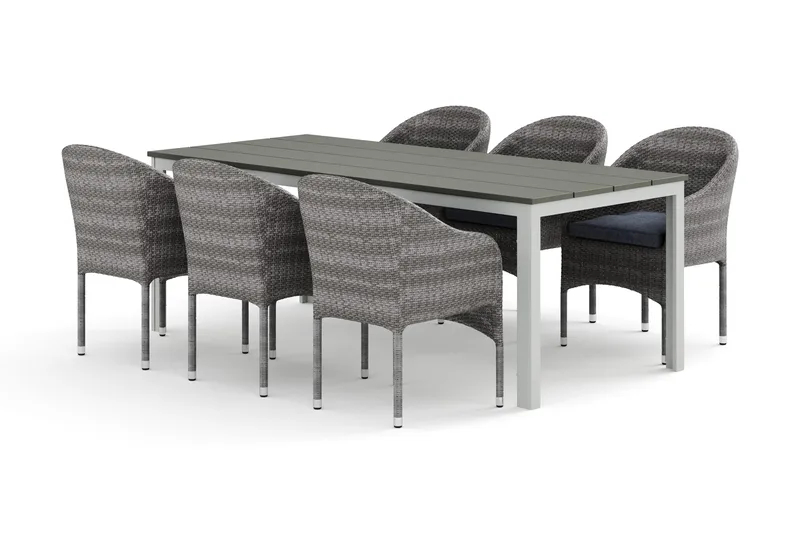 Tunis utendørs spisegruppe 205x90 cm med 6 Thor lenestoler, Hvit/Grå