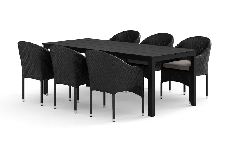 Tunis utendørs spisegruppe 205x90 cm med 6 Thor lenestoler, Svart/Svart