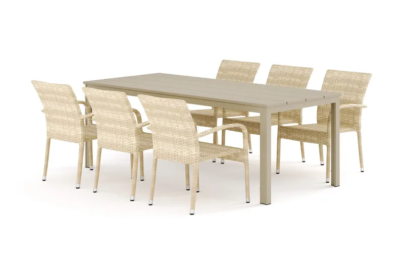 Tunis utendørs spisegruppe 205x90 cm med 6 Thor Light utendørs lenestoler, Beige/Beige