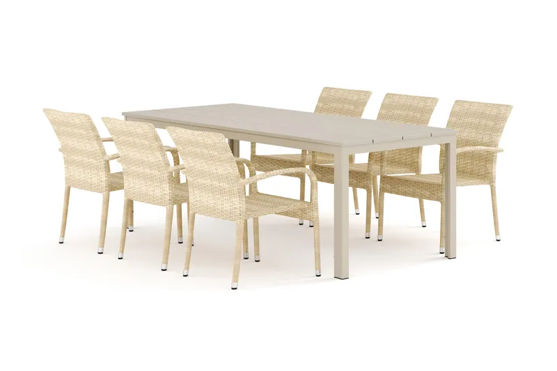 Tunis utendørs spisegruppe 205x90 cm med 6 Thor Light utendørs lenestoler, Beige/Beige