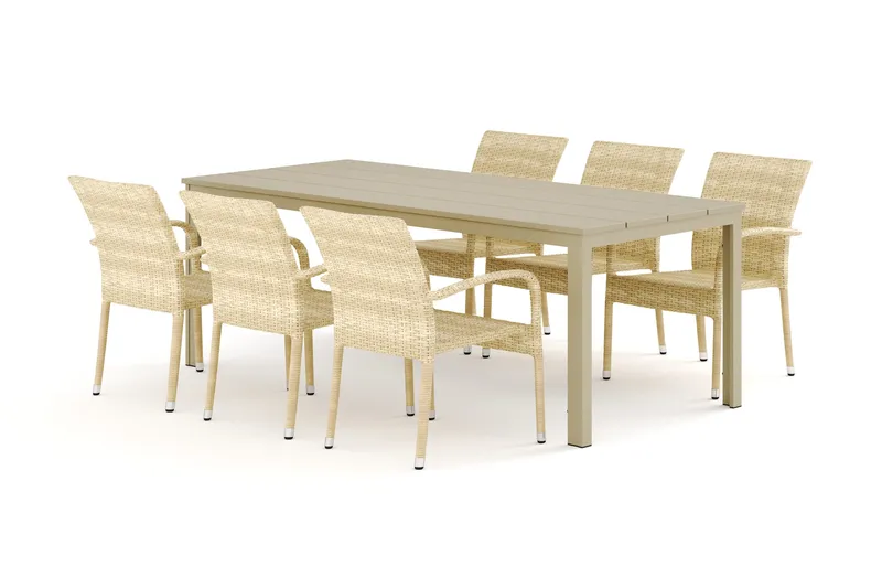 Tunis utendørs spisegruppe 205x90 cm med 6 Thor Light utendørs lenestoler, Beige/Beige