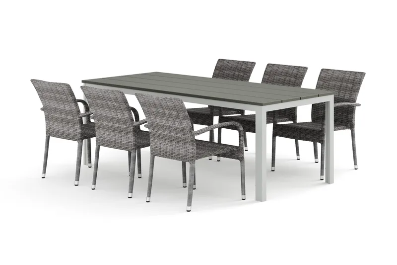 Tunis utendørs spisegruppe 205x90 cm med 6 Thor Light utendørs lenestoler, Hvit/grå