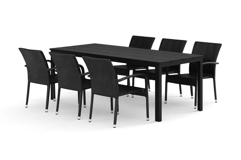 Tunis utendørs spisegruppe 205x90 cm med 6 Thor Light utendørs lenestoler, Svart/Svart