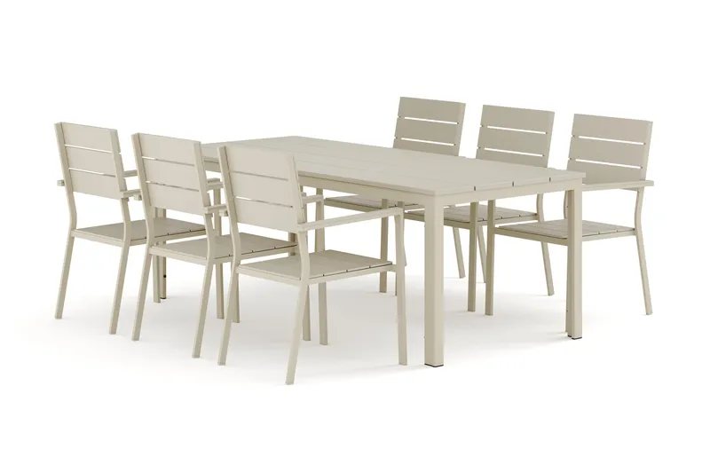 Tunis utendørs spisegruppe 205x90 cm med 6 Tunis stablebare stoler, Beige/Beige
