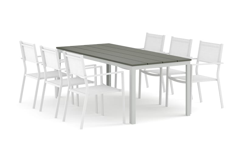 Tunis utendørs spisegruppe 205x90 cm med 6 Tunis stablebare stoler, Hvit/grå