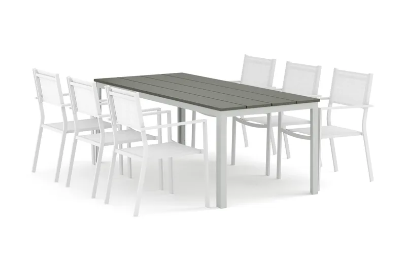 Tunis utendørs spisegruppe 205x90 cm med 6 Tunis stablebare stoler, Hvit/grå