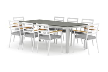 Tunis utendørs spisegruppe 205x90 cm med 8 Oliver karmstoler med pute - Hvit/Grå - Hagemøbler & utemiljø - Hagegruppe - Spisegrupper hage