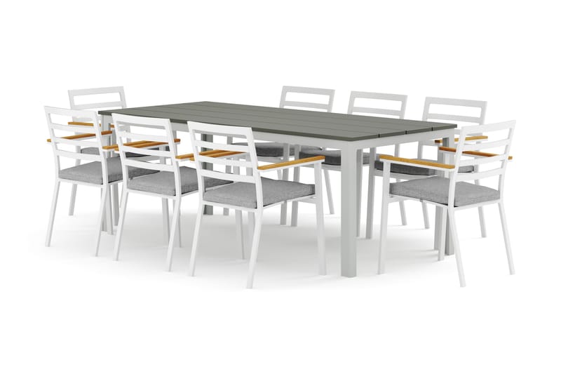 Tunis utendørs spisegruppe 205x90 cm med 8 Oliver karmstoler med pute, Hvit/Grå