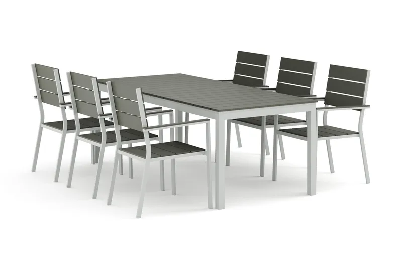 Tunis utendørs spisegruppe med uttrekk 205/305x90 cm med 6 Tunis stablestoler, Hvit/Grå