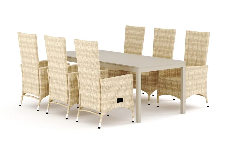 Tunis utendørs spisegruppe uttrekkbar 205/305x90 cm med 6 Jenny spisestoler, Beige/beige