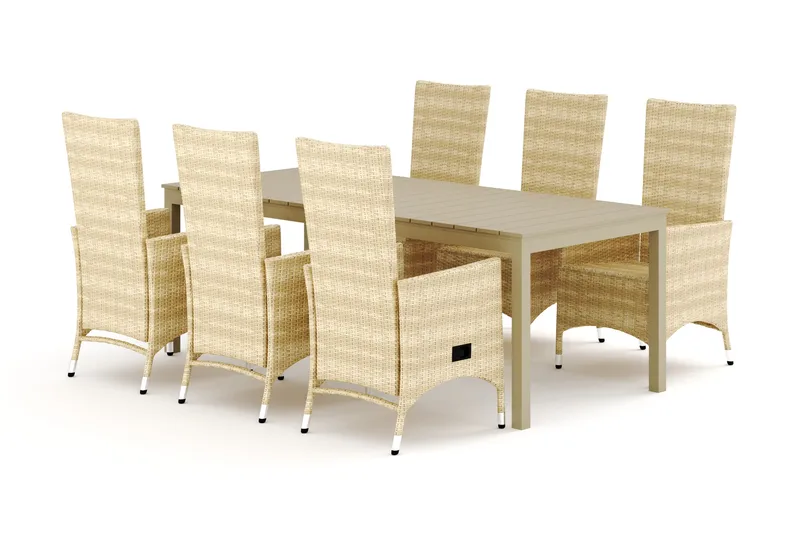 Tunis utendørs spisegruppe uttrekkbar 205/305x90 cm med 6 Jenny spisestoler, Beige/beige