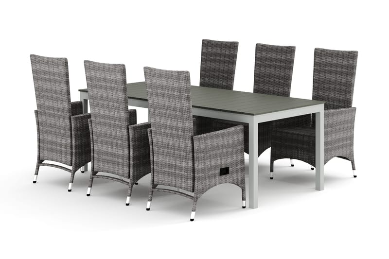 Tunis utendørs spisegruppe uttrekkbar 205/305x90 cm med 6 Jenny spisestoler, Hvit/grå