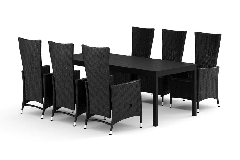 Tunis utendørs spisegruppe uttrekkbar 205/305x90 cm med 6 Jenny spisestoler, Svart/Svart