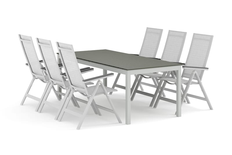 Tunis utendørs spisegruppe uttrekkbar 205/305x90 cm med 6 Monaco Light regulerbare stoler, Hvit/grå