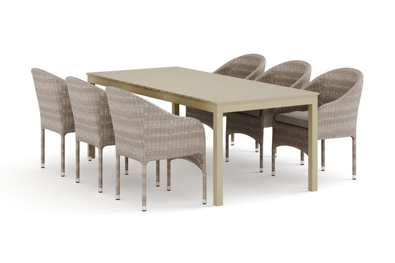 Tunis utendørs spisegruppe uttrekkbar 205/305x90 cm med 6 Thor lenestoler, Beige/beige