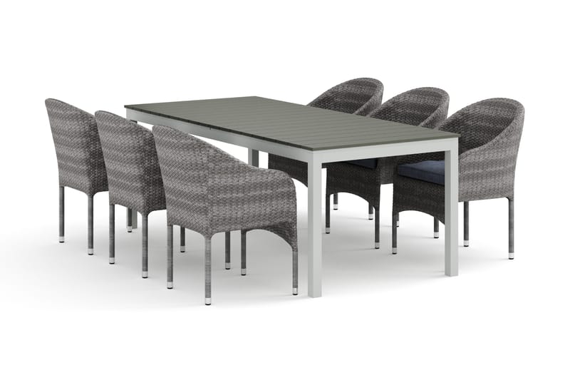 Tunis utendørs spisegruppe uttrekkbar 205/305x90 cm med 6 Thor lenestoler, Hvit/grå