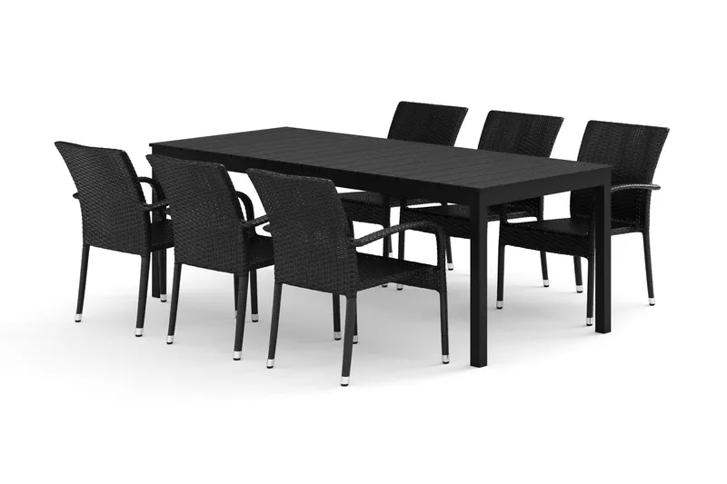 Tunis utendørs spisegruppe uttrekkbar 205/305x90 cm med 6 Thor Light utendørs lenestoler, Svart/Svart