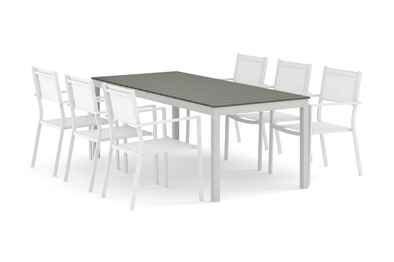 Tunis utendørs spisegruppe uttrekkbar 205/305x90 cm med 6 Tunis stablestoler, Hvit/grå