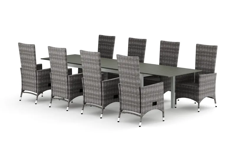 Tunis utendørs spisegruppe uttrekkbar 205/305x90 cm med 8 Jenny spisestoler, Hvit/Grå