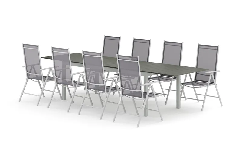 Tunis utendørs spisegruppe uttrekkbar 205/305x90 cm med 8 Maggie posisjonsstoler, Hvit/Grå