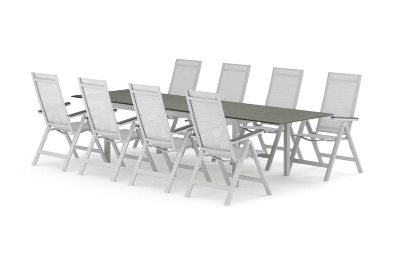 Tunis utendørs spisegruppe uttrekkbar 205/305x90 cm med 8 Monaco Light regulerbare stoler, Hvit/grå