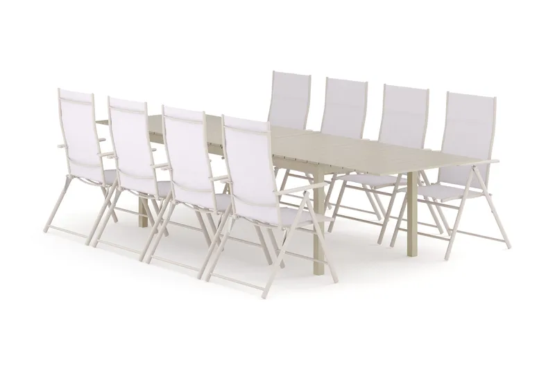 Tunis utendørs spisegruppe uttrekkbar 205/305x90 cm med 8 regulerbare stoler, Beige/Beige