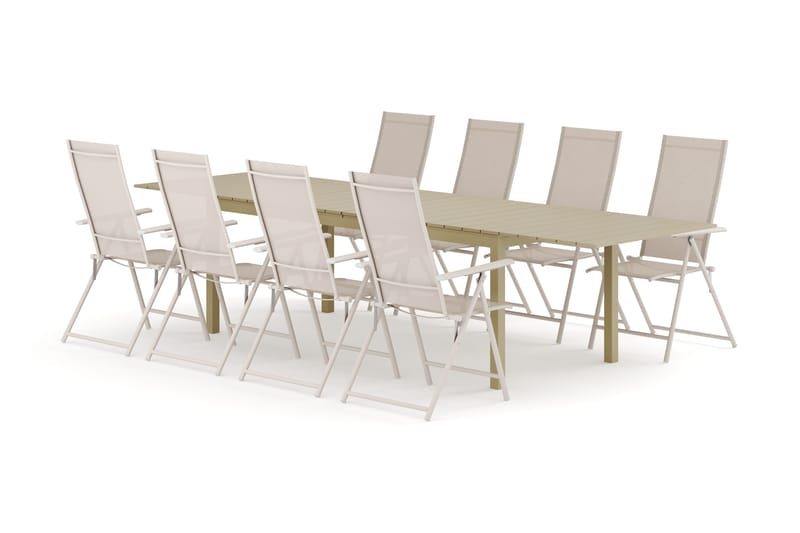 Tunis utendørs spisegruppe uttrekkbar 205/305x90 cm med 8 Sanna regulerbare stoler, Beige/Beige
