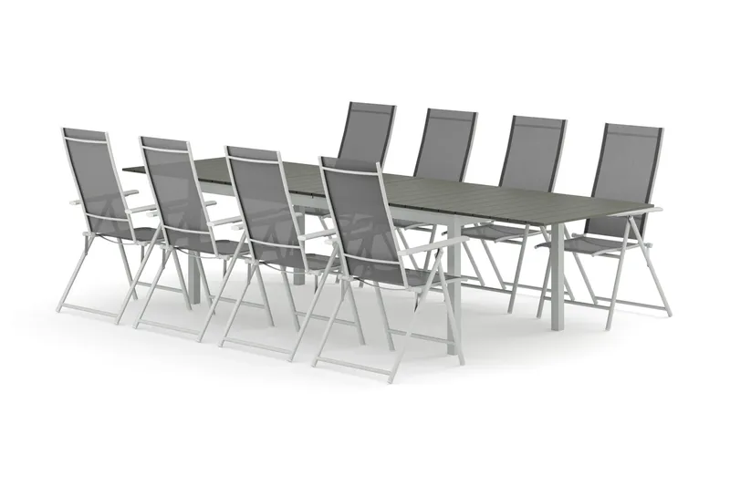 Tunis utendørs spisegruppe uttrekkbar 205/305x90 cm med 8 Sanna regulerbare stoler, Hvit/grå