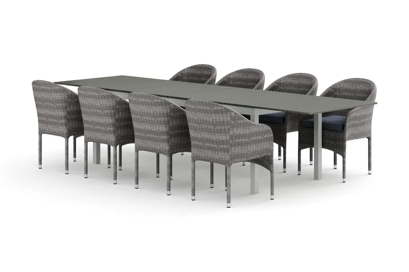 Tunis utendørs spisegruppe uttrekkbar 205/305x90 cm med 8 Thor lenestoler, Hvit/grå