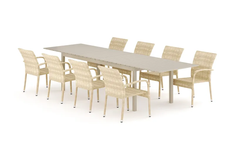 Tunis utendørs spisegruppe uttrekkbar 205/305x90 cm med 8 Thor Light utelenestoler, Beige/beige
