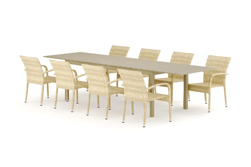Tunis utendørs spisegruppe uttrekkbar 205/305x90 cm med 8 Thor Light utelenestoler, Beige/beige