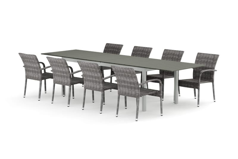 Tunis utendørs spisegruppe uttrekkbar 205/305x90 cm med 8 Thor Light utendørs lenestoler, Hvit/Grå