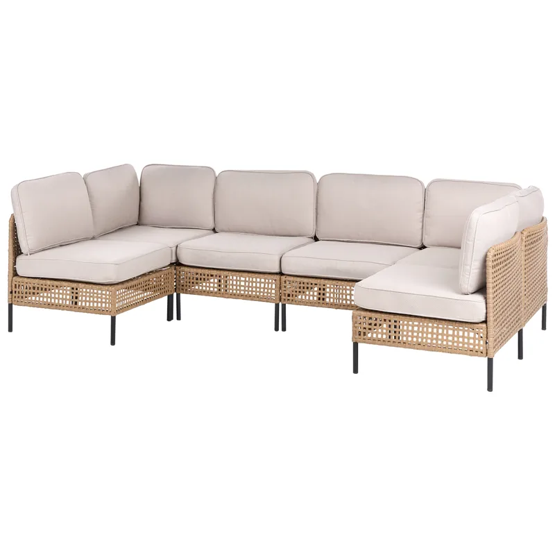 U-formet sofa utendørs 6-seter Omegana modulær kunstrotting - Beige/svart - Hagemøbler & utemiljø - Hagegruppe - Sofagruppe utendørs