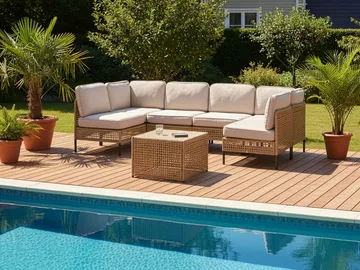 U-formet sofa utendørs 6-seter Omegana modulær kunstrotting - Beige/svart - Hagemøbler & utemiljø - Hagegruppe - Sofagruppe utendørs