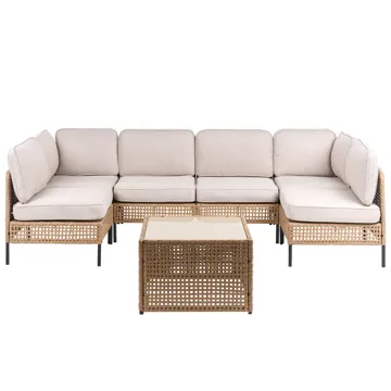 U-formet sofa utendørs 6-seter Omegana modulær kunstrotting - Beige/svart - Hagemøbler & utemiljø - Hagegruppe - Sofagruppe utendørs